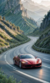 A sleek, modern red sports car speeding along a winding mountain road