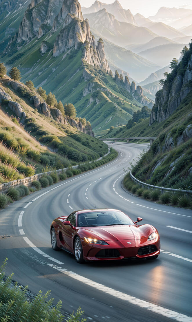 A sleek, modern red sports car speeding along a winding mountain road