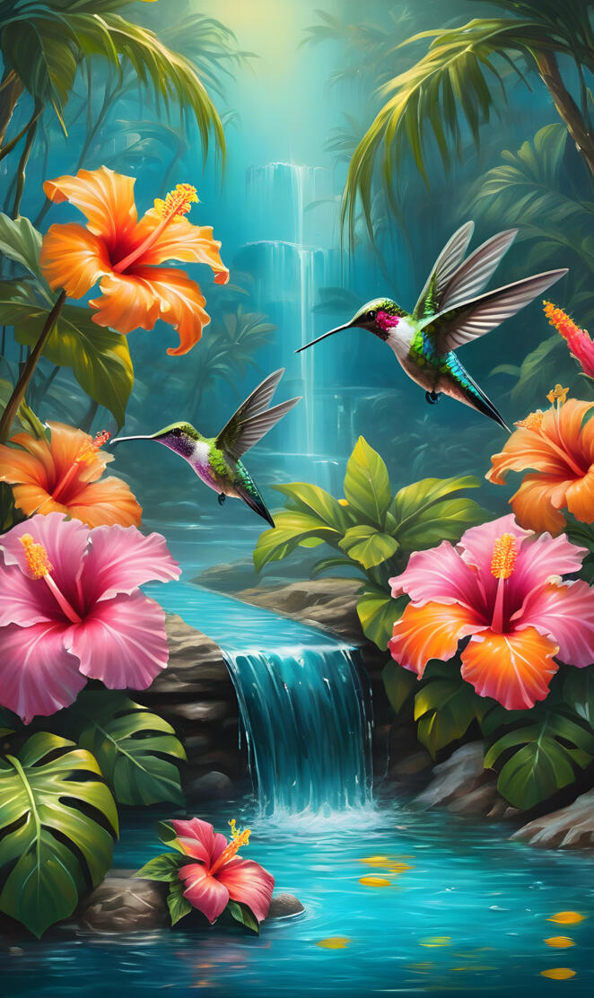 Humminbird Tropical Lagoon Oil Painting