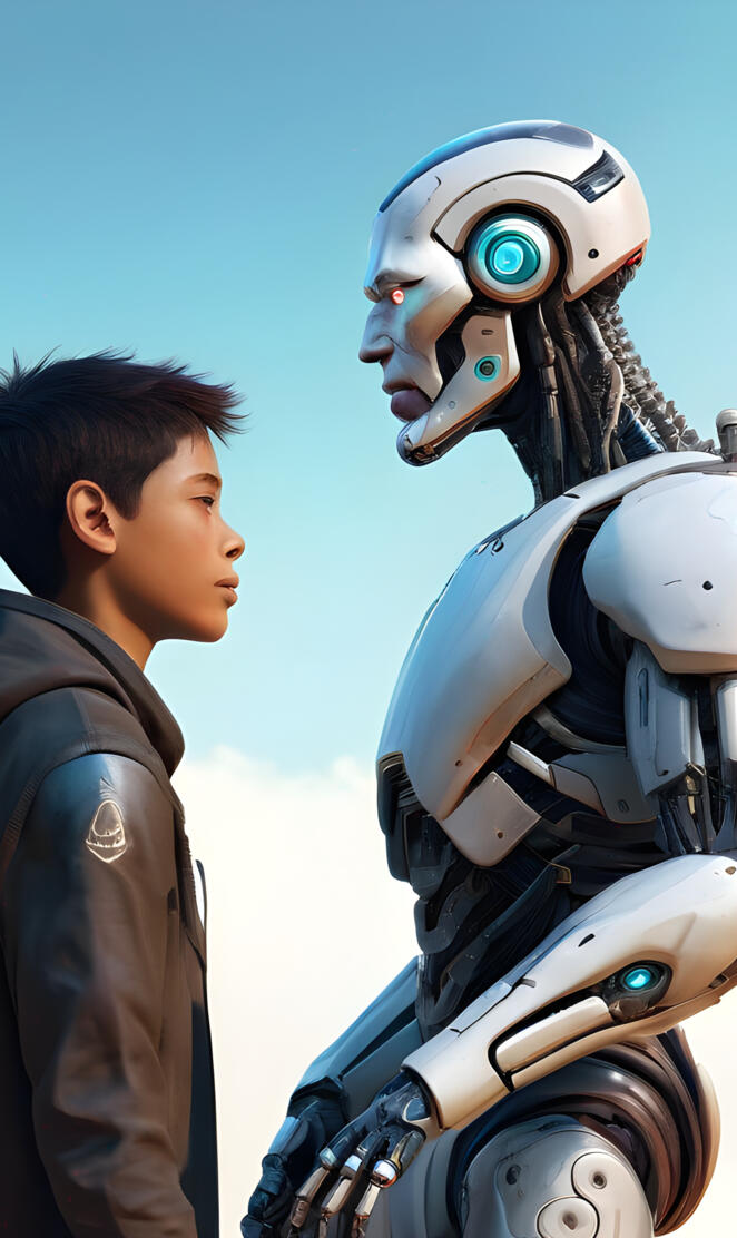 Cyborg talking with Human