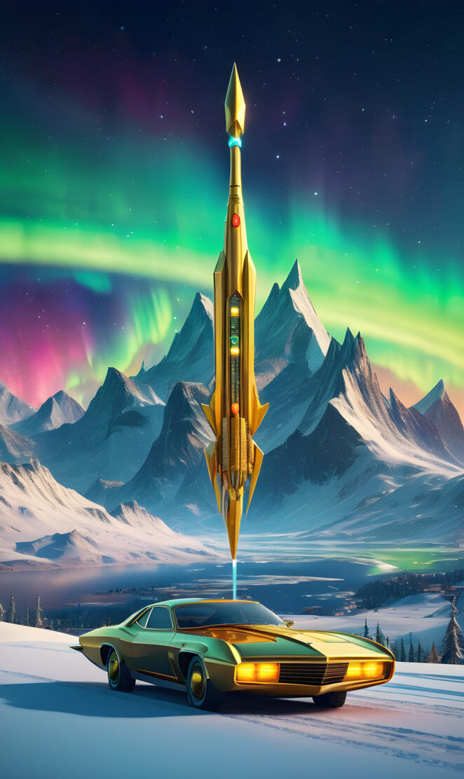 a car parked in front of a rocket launch