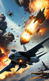 a group of fighter jets flying in the sky with fire and smoke