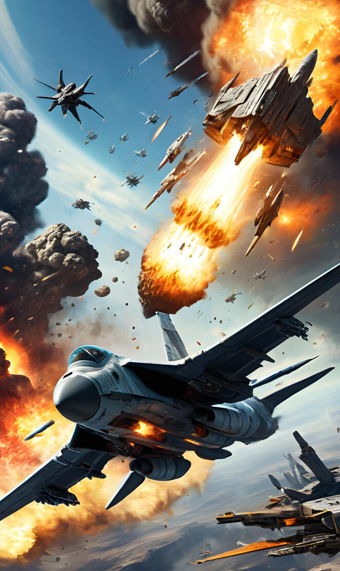 a group of fighter jets flying in the sky with fire and smoke