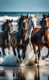 Herd of wild horses running on the beach