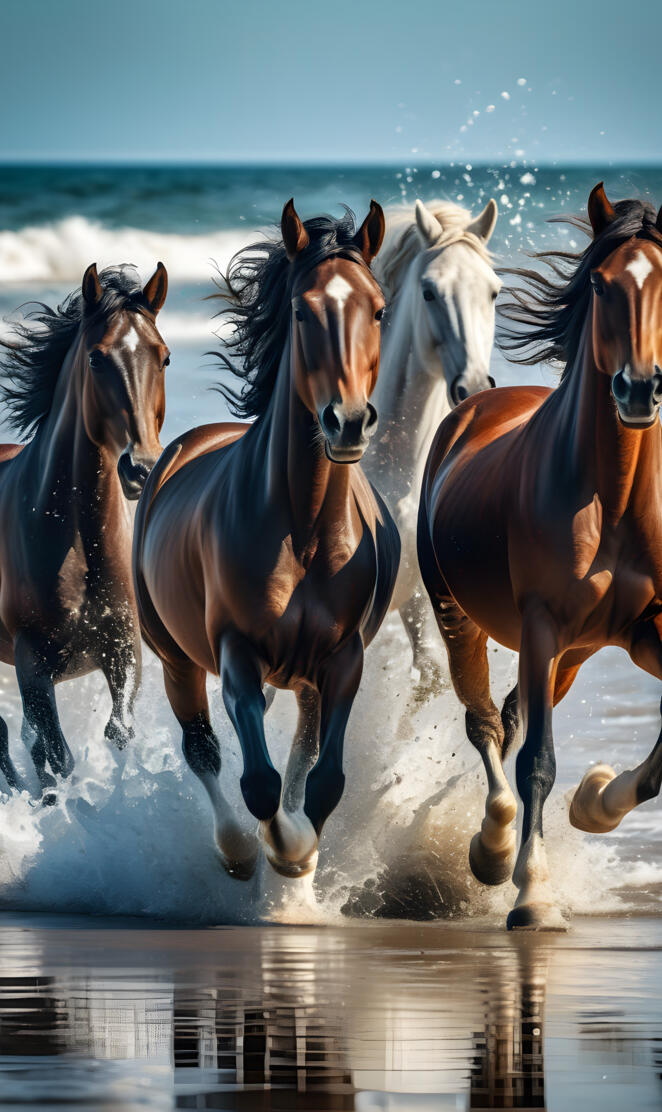 Herd of wild horses running on the beach