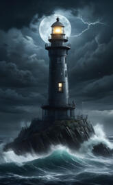 a lighthouse on a rock in the ocean with the moon in the sky