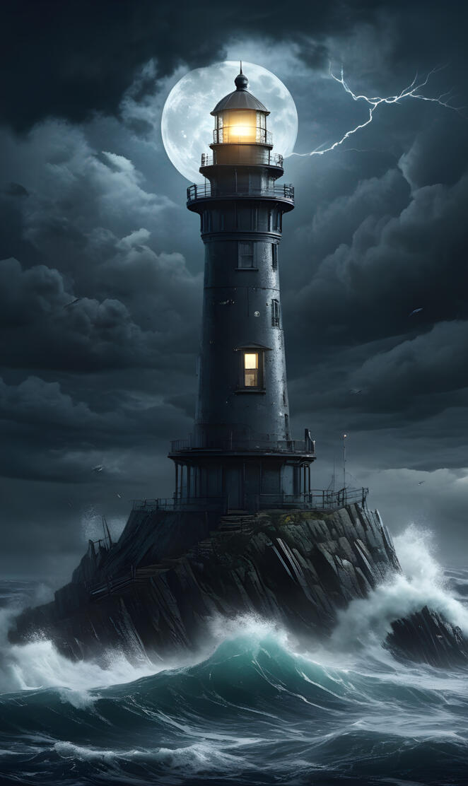 a lighthouse on a rock in the ocean with the moon in the sky