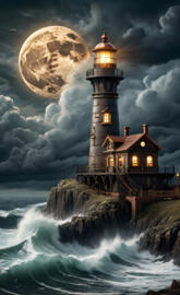 a lighthouse on a cliff above the ocean with the moon in the sky