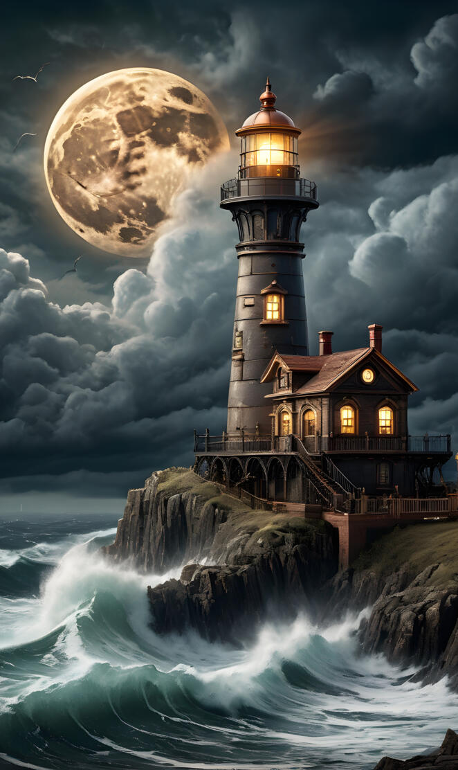 a lighthouse on a cliff above the ocean with the moon in the sky