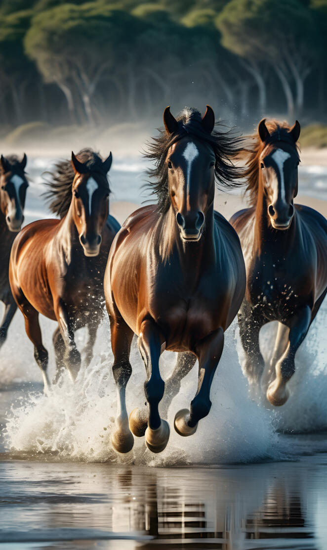 Herd of wild horse running on the beach