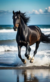 Black horse running in the ocean