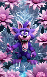 a purple cartoon character surrounded by pink flowers