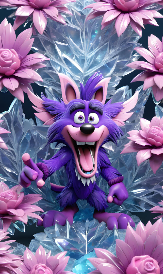 a purple cartoon character surrounded by pink flowers