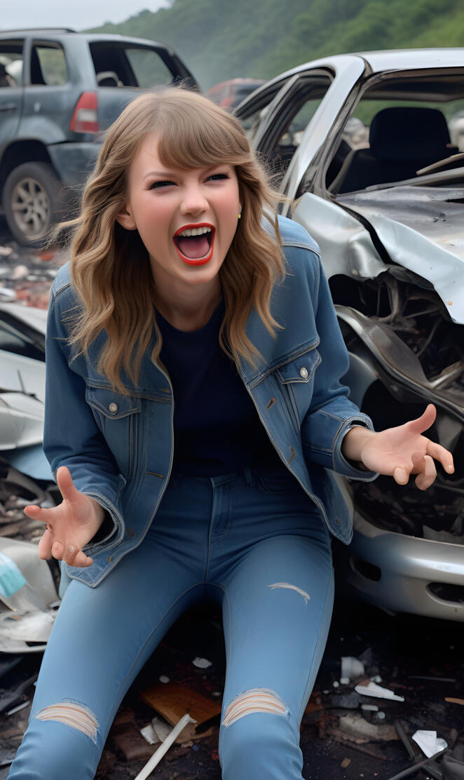 Taylor Swift laughing at a car crash