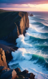 A dramatic coastline with rugged cliffs and rocks,