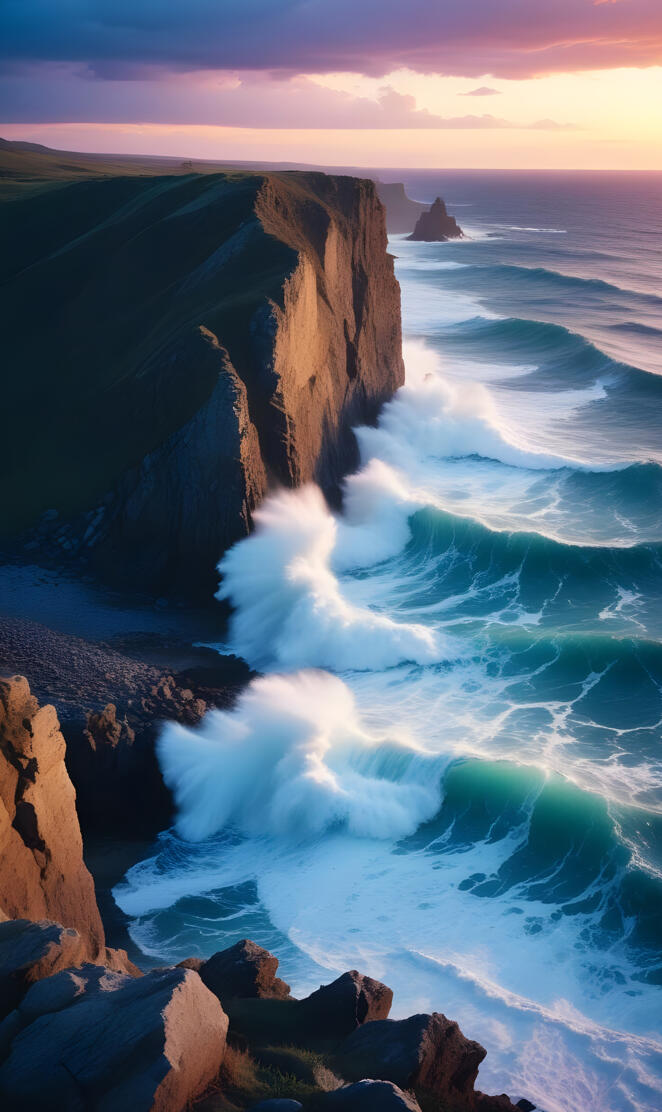 A dramatic coastline with rugged cliffs and rocks,