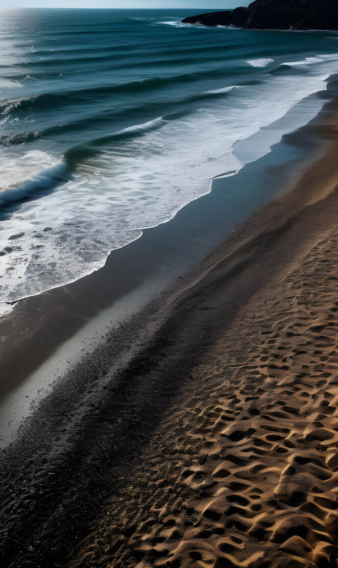 a sandy beach with waves crashing on it