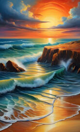 a beach with waves crashing against the shore