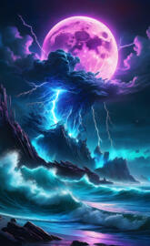 HUGE BLUE NEON ELECTRIC MOON CRASHING INTO THE OCEAN, LIGHTNING FLASH