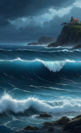 a rocky beach with waves crashing against the shore