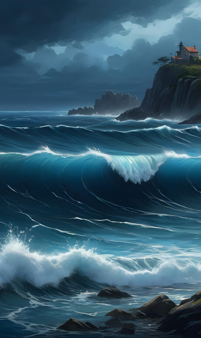 a rocky beach with waves crashing against the shore