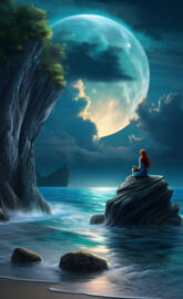 a person sitting on a rock in the water with a large wave crashing