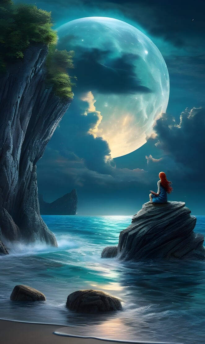 a person sitting on a rock in the water with a large wave crashing