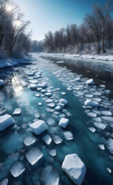 a body of water with ice and trees around it