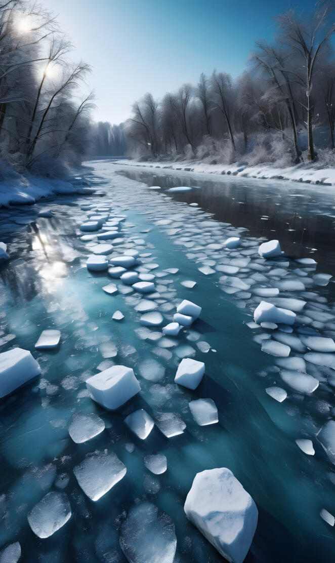 a body of water with ice and trees around it