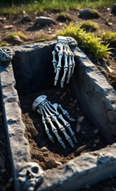 skeleton hand reaching out of the grave