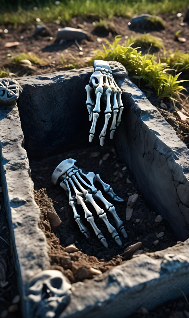 skeleton hand reaching out of the grave