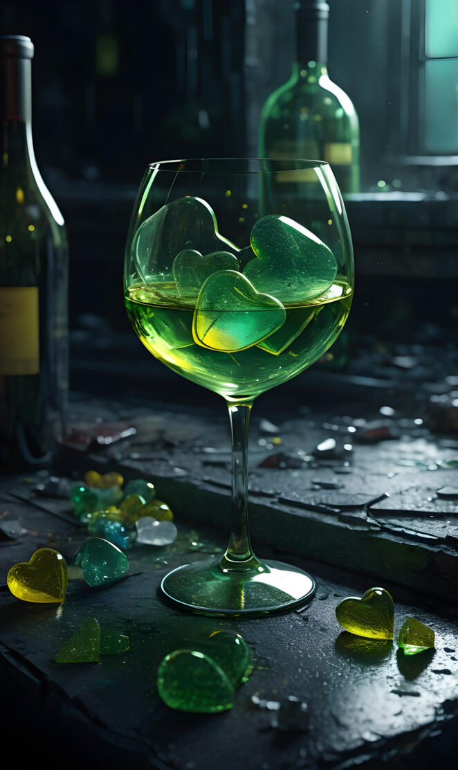a glass of green hearts with limes and a bottle of liquor