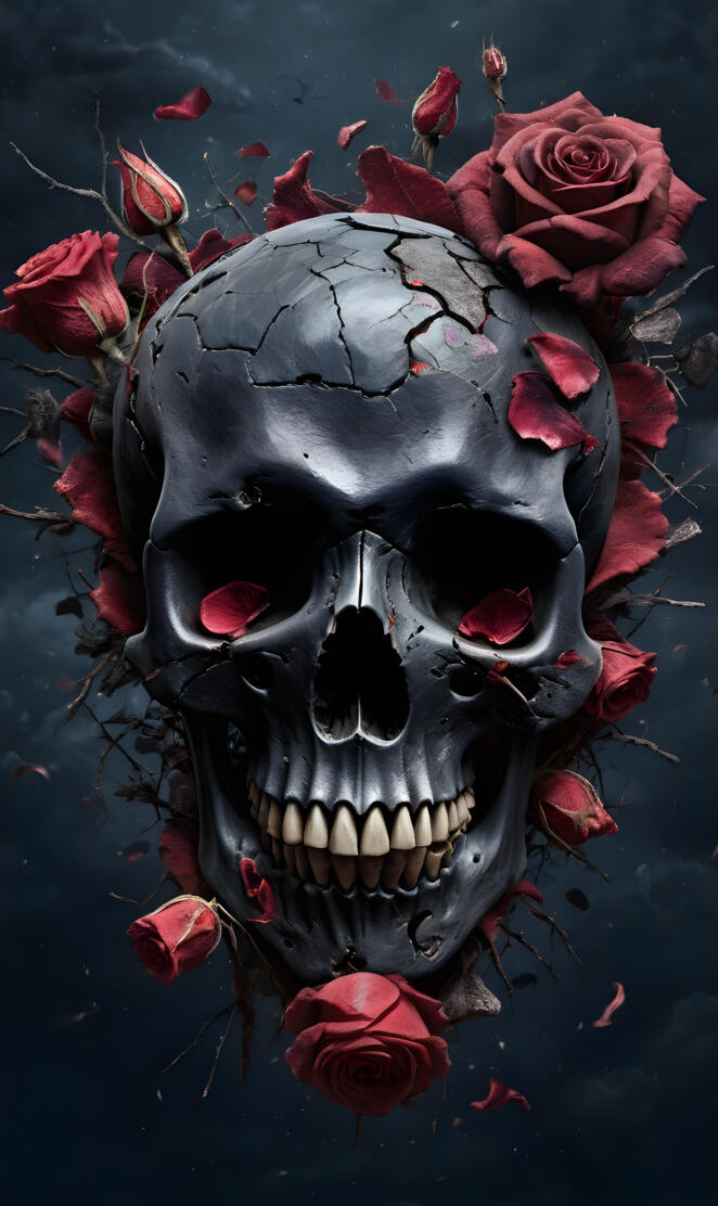 spooky skull with dried roses