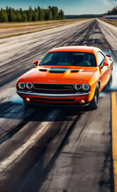 an orange challenge sports car on a abandoned drag strip