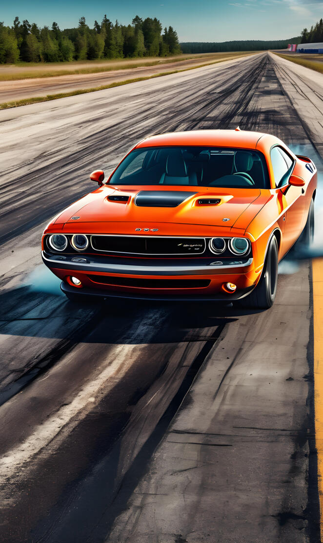 an orange challenge sports car on a abandoned drag strip