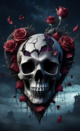 a very spooky skull with dried roses and black heart