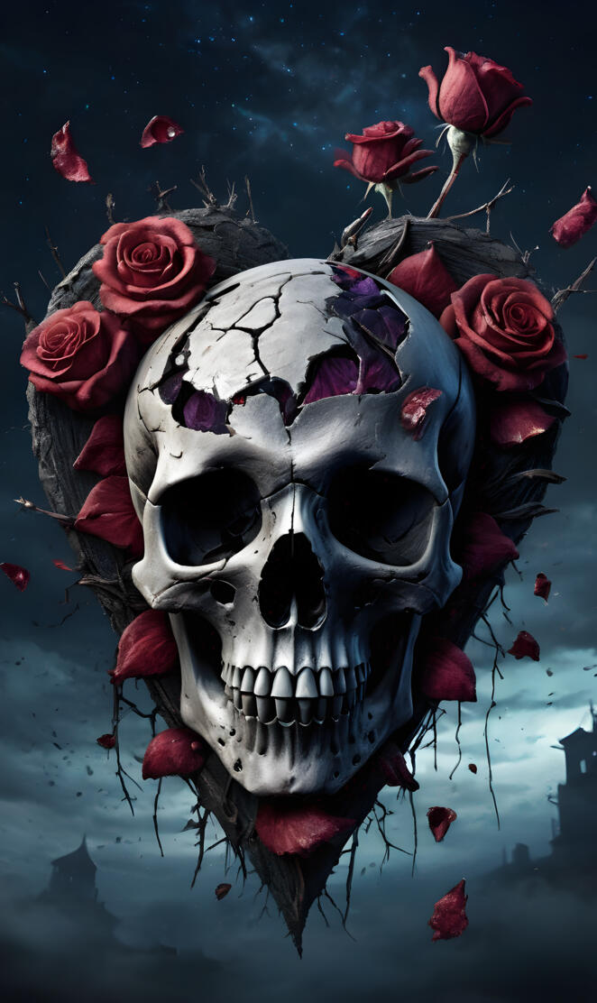 a very spooky skull with dried roses and black heart