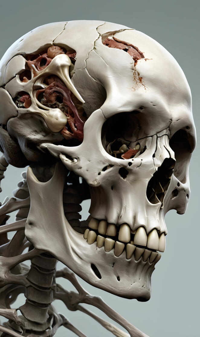 a skull with cracked bones that filled with muscles