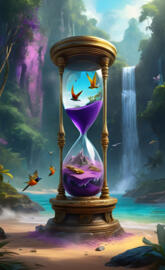 Hourglass, with purple sand and birds in a tropical forest.