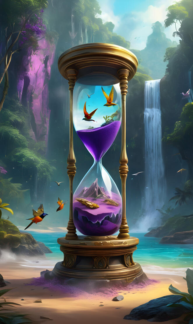 Hourglass, with purple sand and birds in a tropical forest.