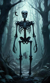 Large spooky skeleton dark wooded area