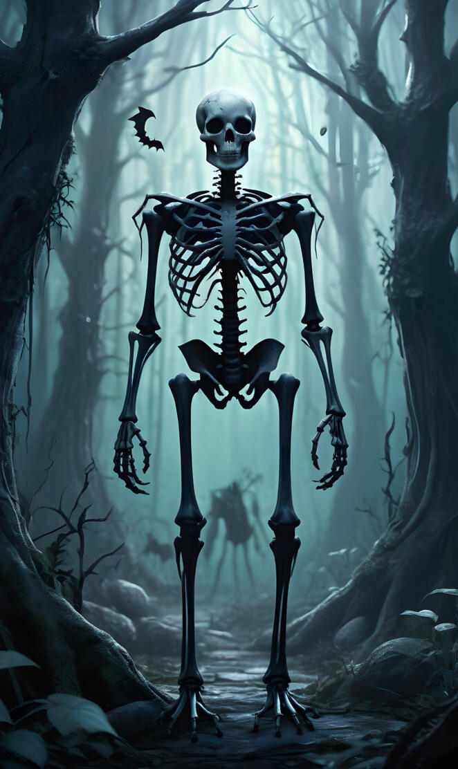 Large spooky skeleton dark wooded area