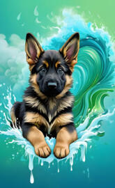 a German Shepherd lying in paint