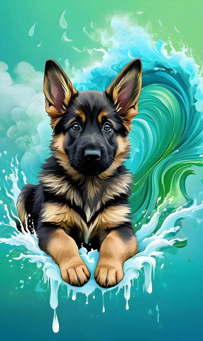 a German Shepherd lying in paint