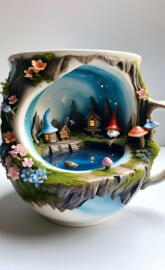 a teacup with a picture of a town and a castle