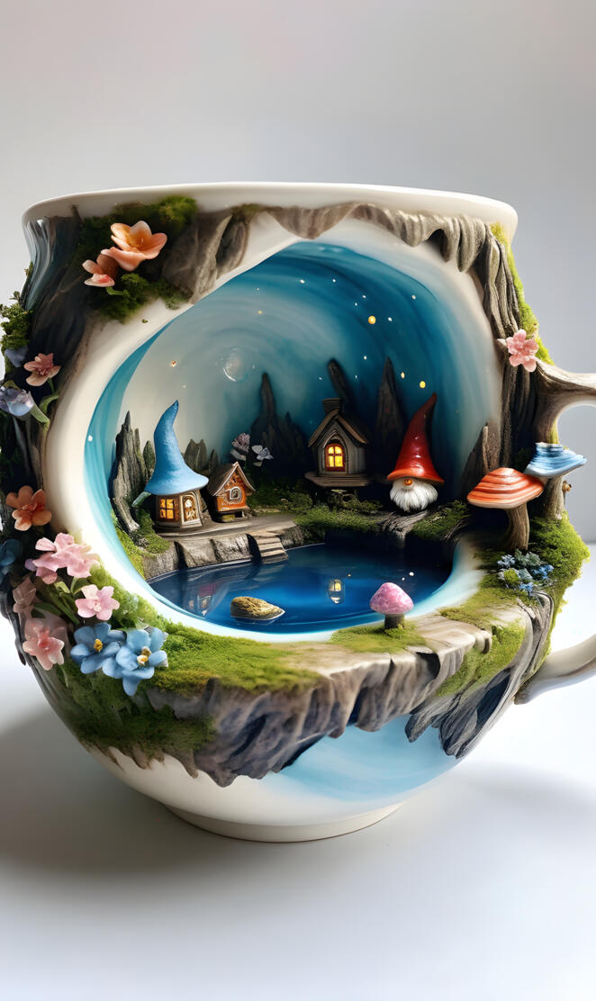 a teacup with a picture of a town and a castle