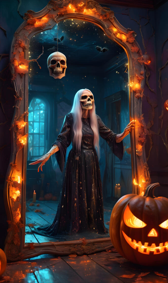 a statue of a person in a room with a large wall of pumpkins