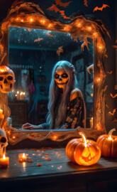 a painting of a person in a glass case with pumpkins and a candle