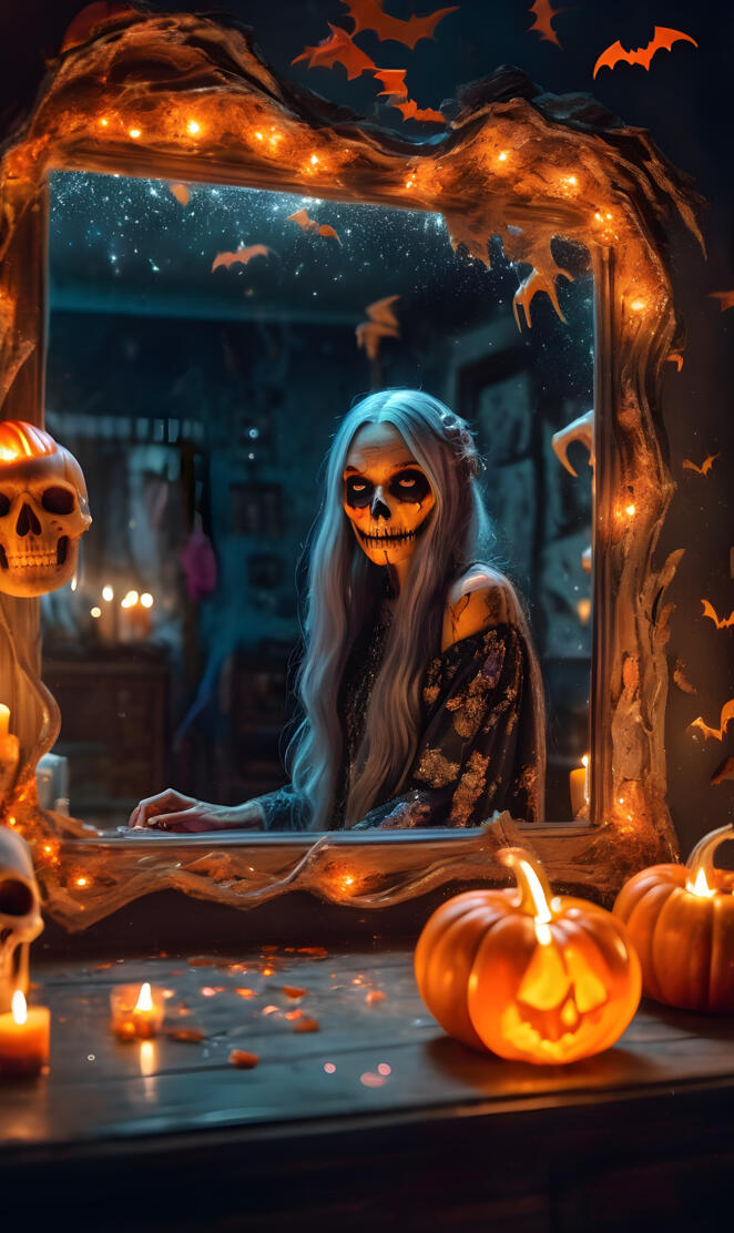 a painting of a person in a glass case with pumpkins and a candle