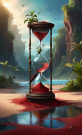 Hourglass, with red abd black sand growing plants.